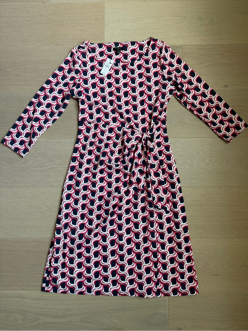 Talbots Long-Sleeve Geometric Wrap Dress in Red, Navy and White NWT